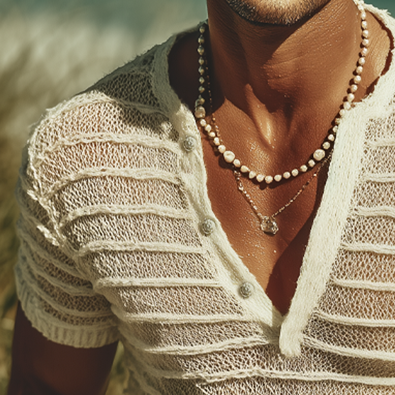 Ron | Men'S Summer Fashion V-Neck Striped Jacquard Knitted Short Sleeve T-Shirt