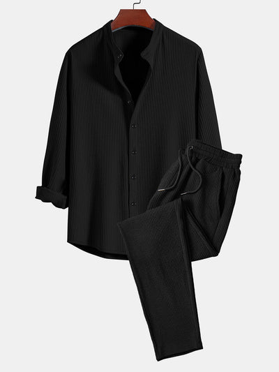 Jory® | Muscle Fit Long Sleeve Shirt With Ribbed Collar & Straight Leg Ribbed Trousers