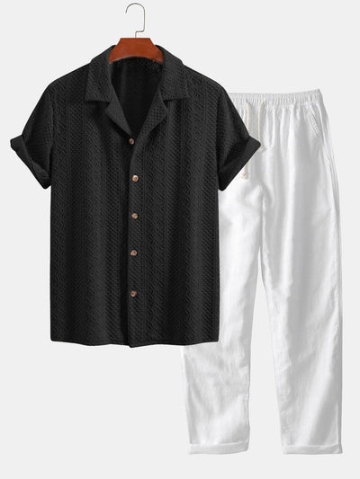 Joaquín® | Floral Checkerboard Jacquard Cuban Shirt & Straight Leg Linen Pants