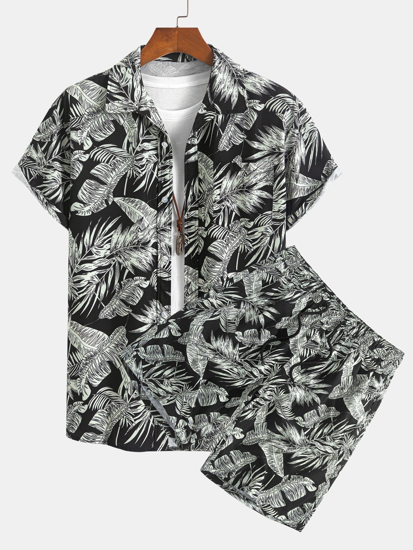 Luca® | Tropical Plants Print Button Up Shirt & Drawstring Swim Shorts