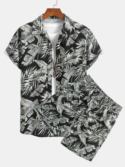 Luca® | Tropical Plants Print Button Up Shirt & Drawstring Swim Shorts
