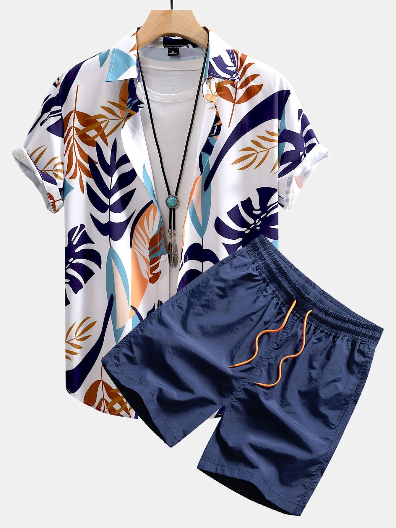 Adonis® | Colorful Leaf Print Button Up Shirt & Swim Shorts