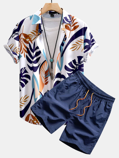 Adonis® | Colorful Leaf Print Button Up Shirt & Swim Shorts