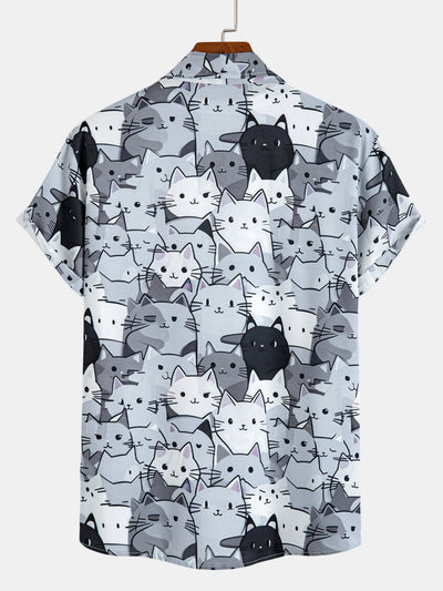 Imran® | Cartoon Cat Print Button Up Shirt & Drawstring Swim Shorts