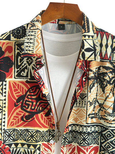 Alwin® | Palm Tree Turtle Ethnic Geometry Print Button Up Shirt