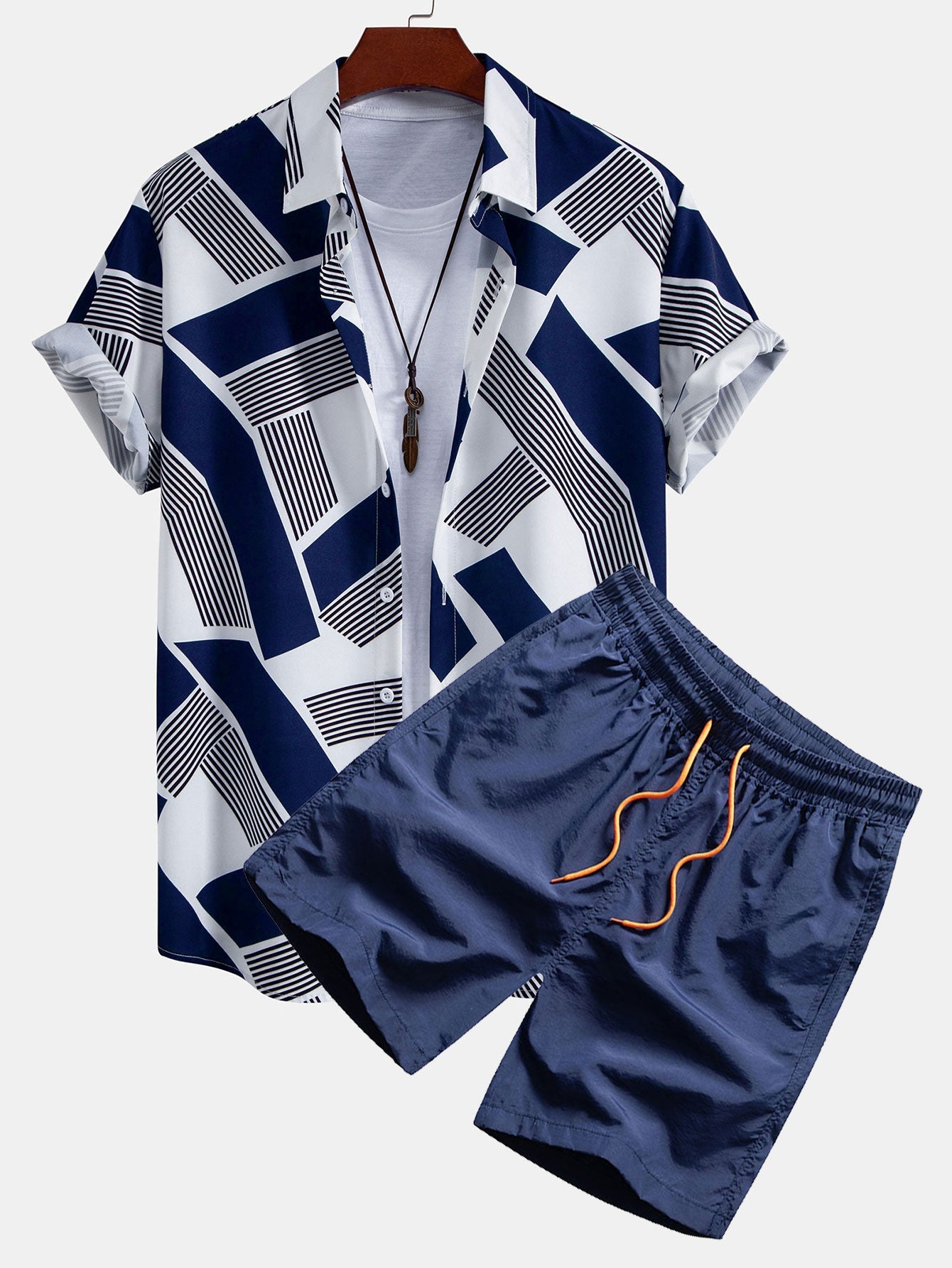 Gaspar® | Color Block Geometry Print Button Up Shirt & Swim Shorts