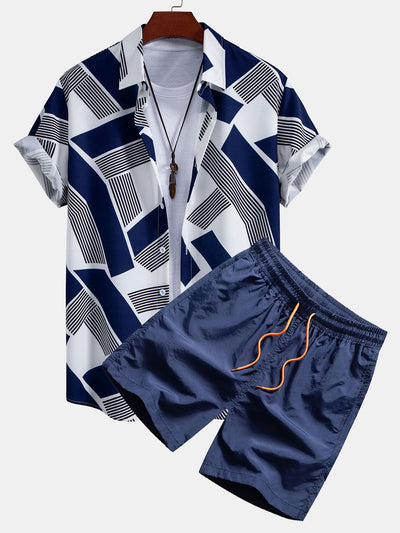 Gaspar® | Color Block Geometry Print Button Up Shirt & Swim Shorts