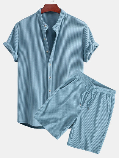 Adelmo® | Waffle Stand Collar Shirt & Drawstring Waffle Shorts