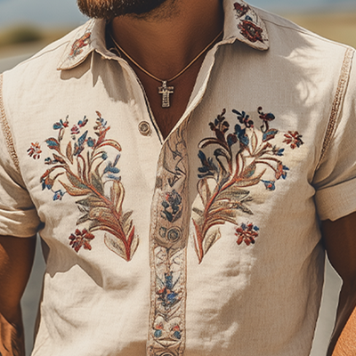 Men's Smmer Fashion Classic Retro Western Style Embroidered Cotn and Linen Short Sleeve Shirt