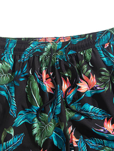 Layton® | Tropical Plants Print Button Up Shirt & Drawstring Swim Shorts