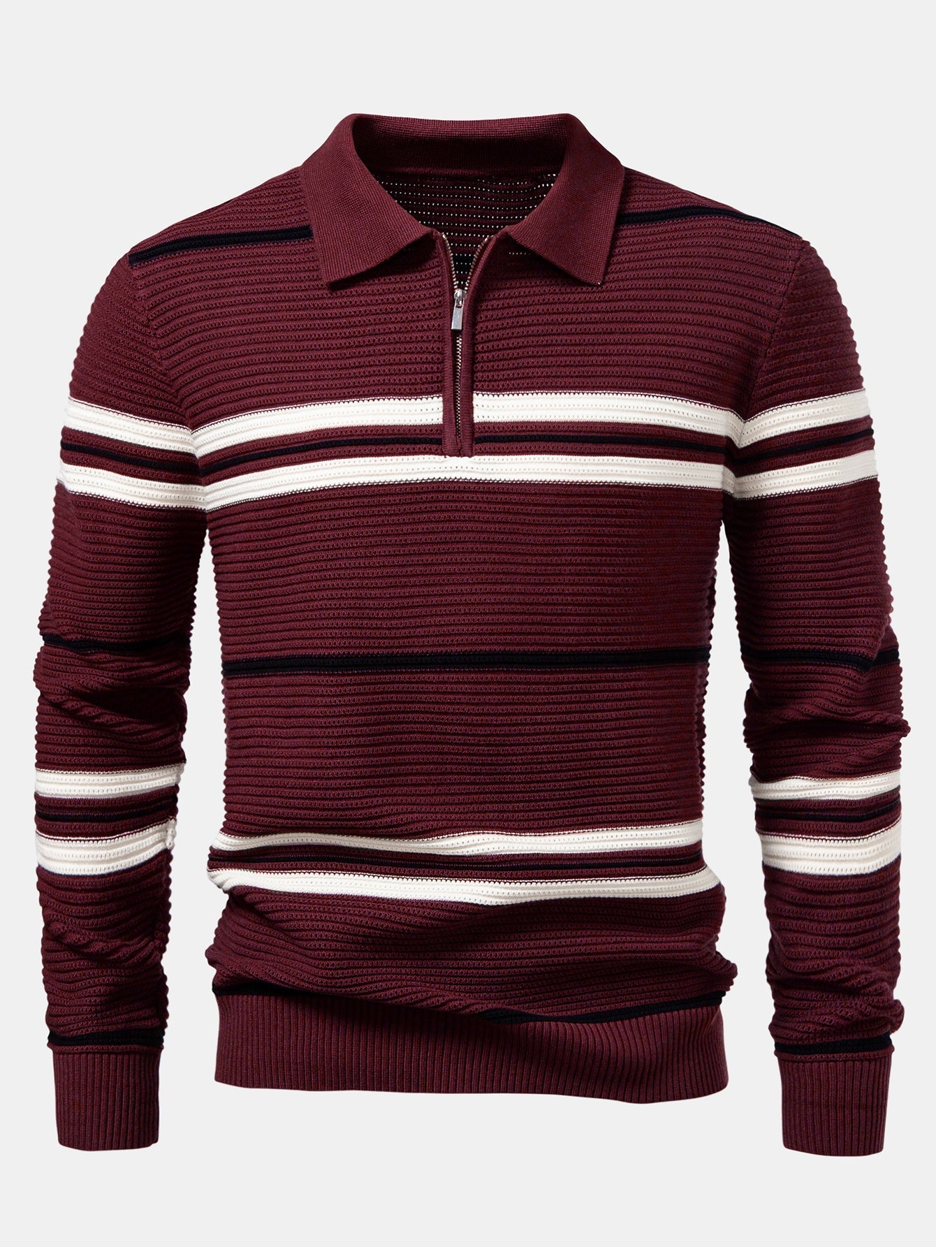 Albano® | Striped Textured Zip Knit Polo Shirt