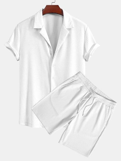 Arnaldo® | Muscle Fit Ribbed Deep Cuban Shirt & Drawstring Ribbed Shorts