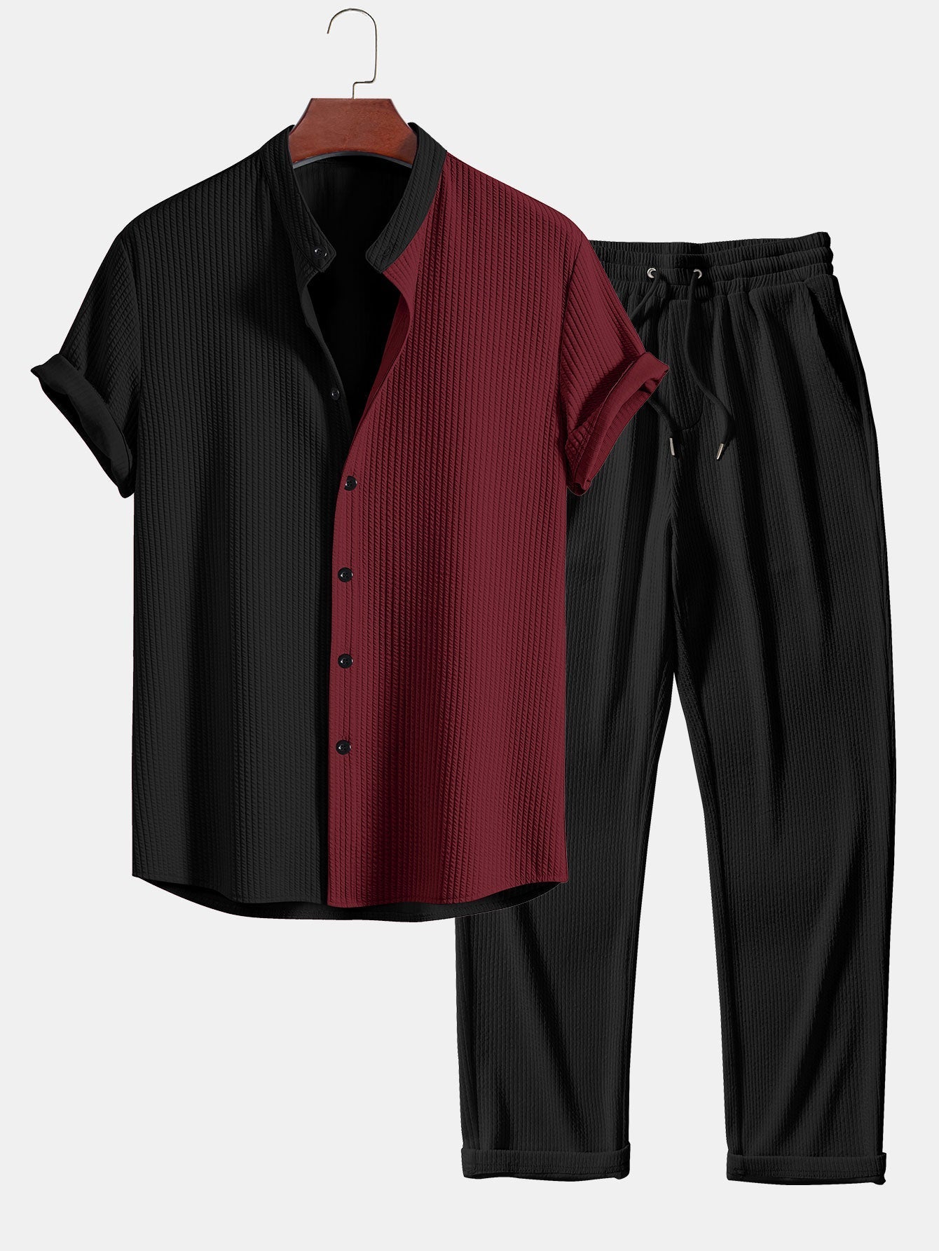 Ed® | Muscle Fit Ribbed Shirt With Mandarin Collar & Straight Leg Ribbed Trousers
