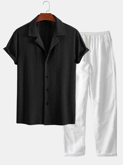 Jerónimo® | Muscle Fit Diamond Texture Cuban Shirt & Straight Leg Linen Pants