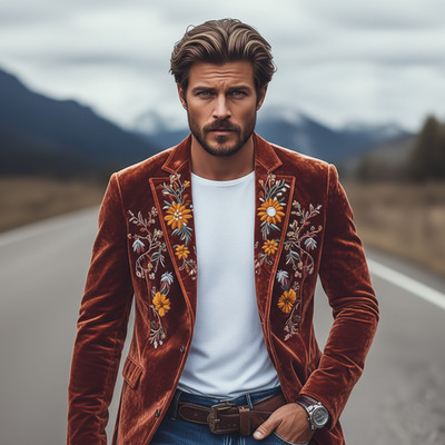 Men's Classic Retro SliFit Single Breasted Fax Velvet Embroidered Blazer