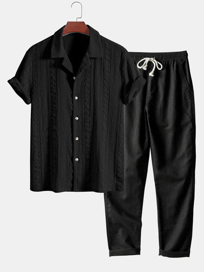 Afan® | Geometric Jacquard Textured Cuban Shirt & Straight Leg Linen Pants
