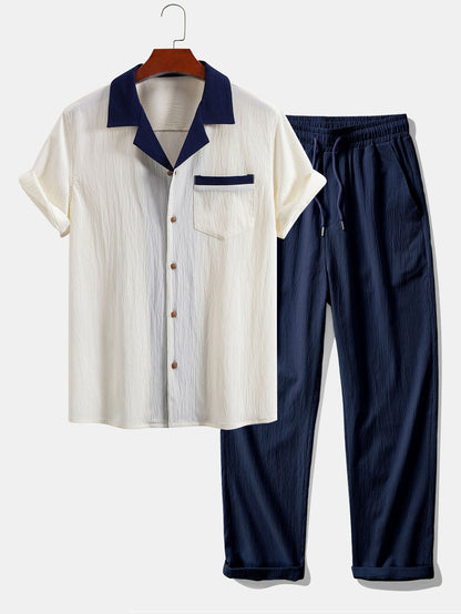 Atanasio® | Textured Contrast Cuban Shirt & Straight Leg Pants