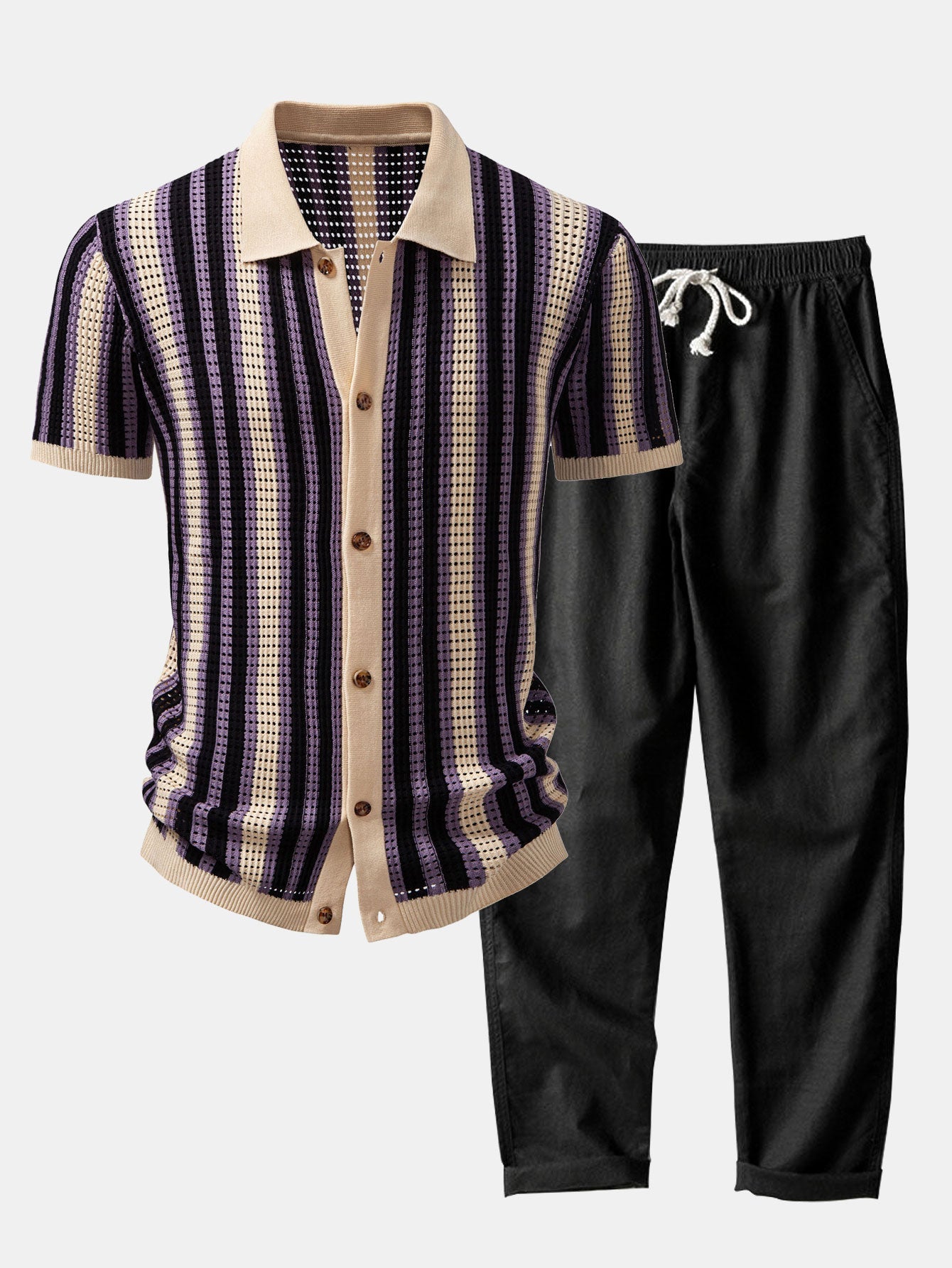 hola STRIPED SHIRT WITH CROCHET EYELETS & STRAIGHT LEG LINEN PANTS