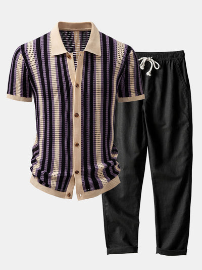 hola STRIPED SHIRT WITH CROCHET EYELETS & STRAIGHT LEG LINEN PANTS