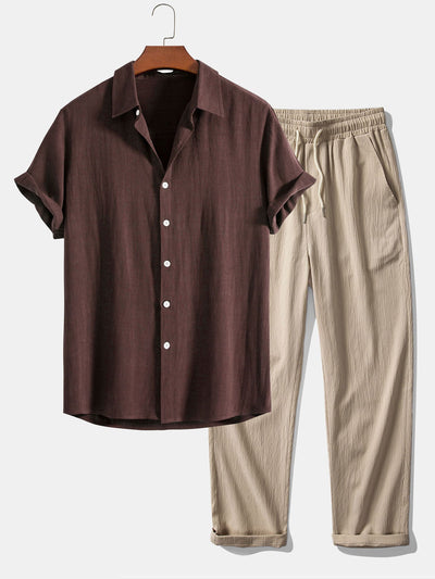 Dorian® | Linen Rayon Blend Button Up Shirt & Wrinkle Textured Straight Leg Pants