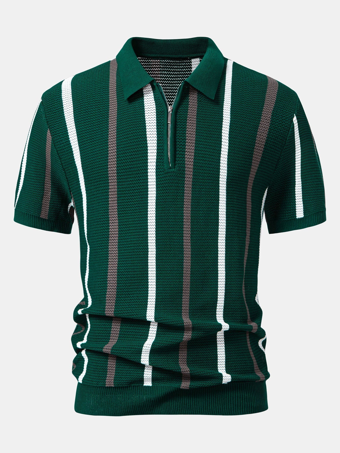 Isaac | Striped Knit Zip Up Polo Shirt