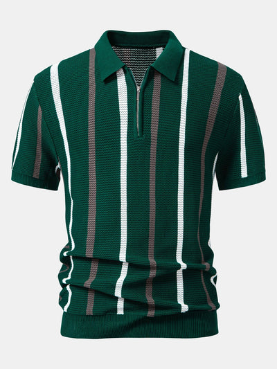 Isaac | Striped Knit Zip Up Polo Shirt