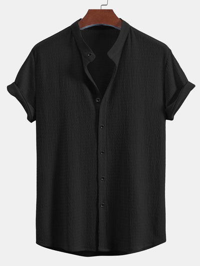 Yaxkin® | Muscle Fit Wrinkled Textured Stand Collar Shirt