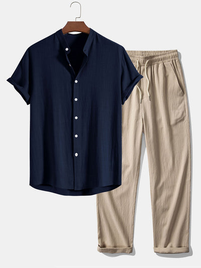 Donato® | Linen And Rayon Blend Stand Collar Shirt & Wrinkle Textured Straight Leg Pants