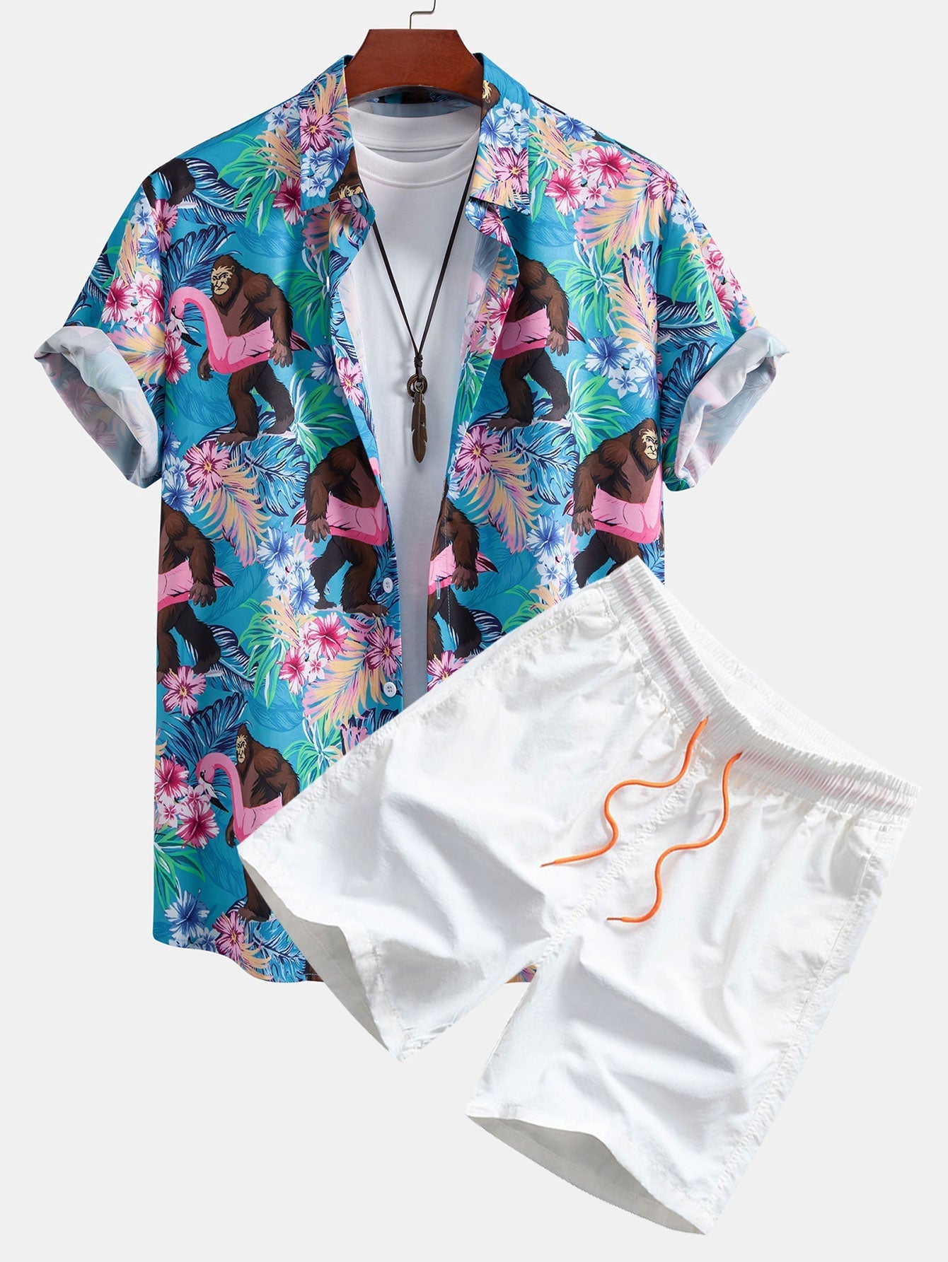 Adonai® | Tropical Plants And Orangutan Print Button Up Shirt & Swim Shorts