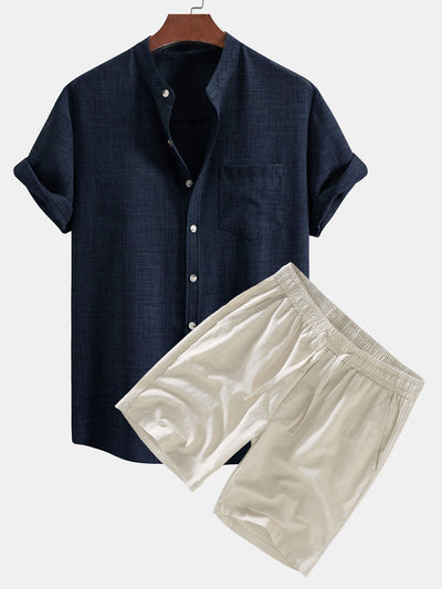 Agustin® | Short Sleeve Stand Collar Shirt & Linen Drawstring Shorts