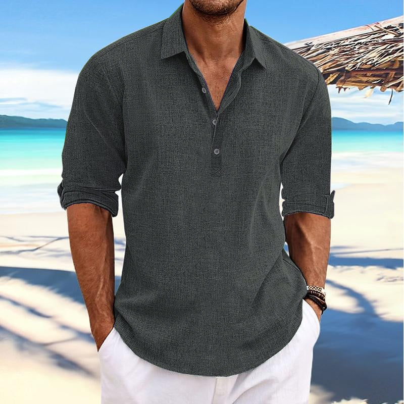 Men's Casal Solid Color Pllover Lapel Roll-p Cotn and Linen Sleeve Long Sleeve Shirt