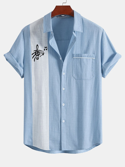Aniel® | Musical Note Print Linen Look Contrast Button Up Shirt