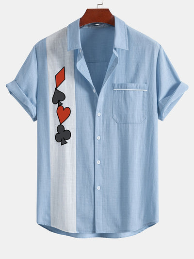 Alipio® | Poker Print Linen Look Contrast Button Up Shirt
