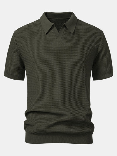 Caleb | Wave Jacquard Knit V Neck Polo Shirt