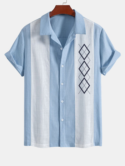 Amparo® | Geometric Rhombus Print Linen Look Patchwork Bowling Shirt