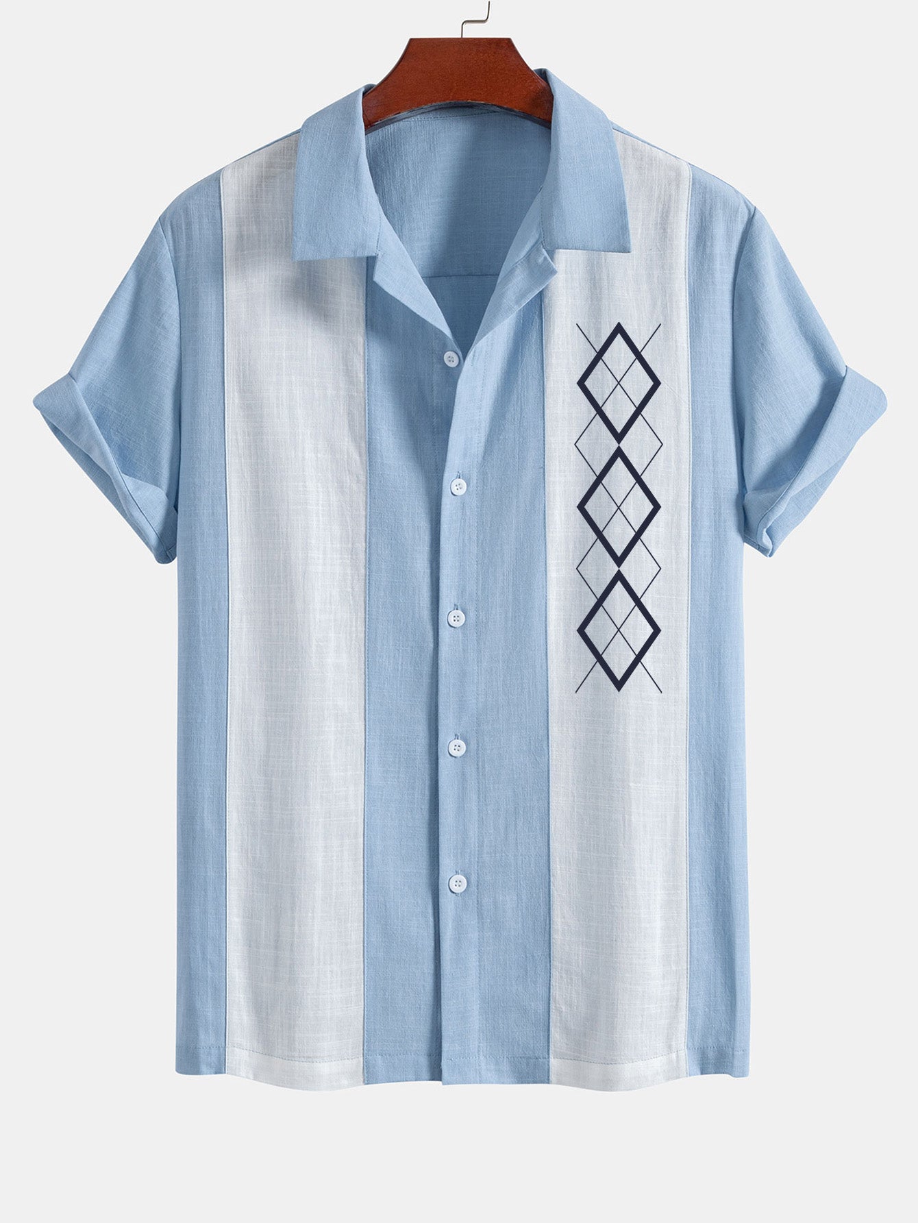Laureano® | Geometric Rhombus Print Linen Look Patchwork Bowling Shirt