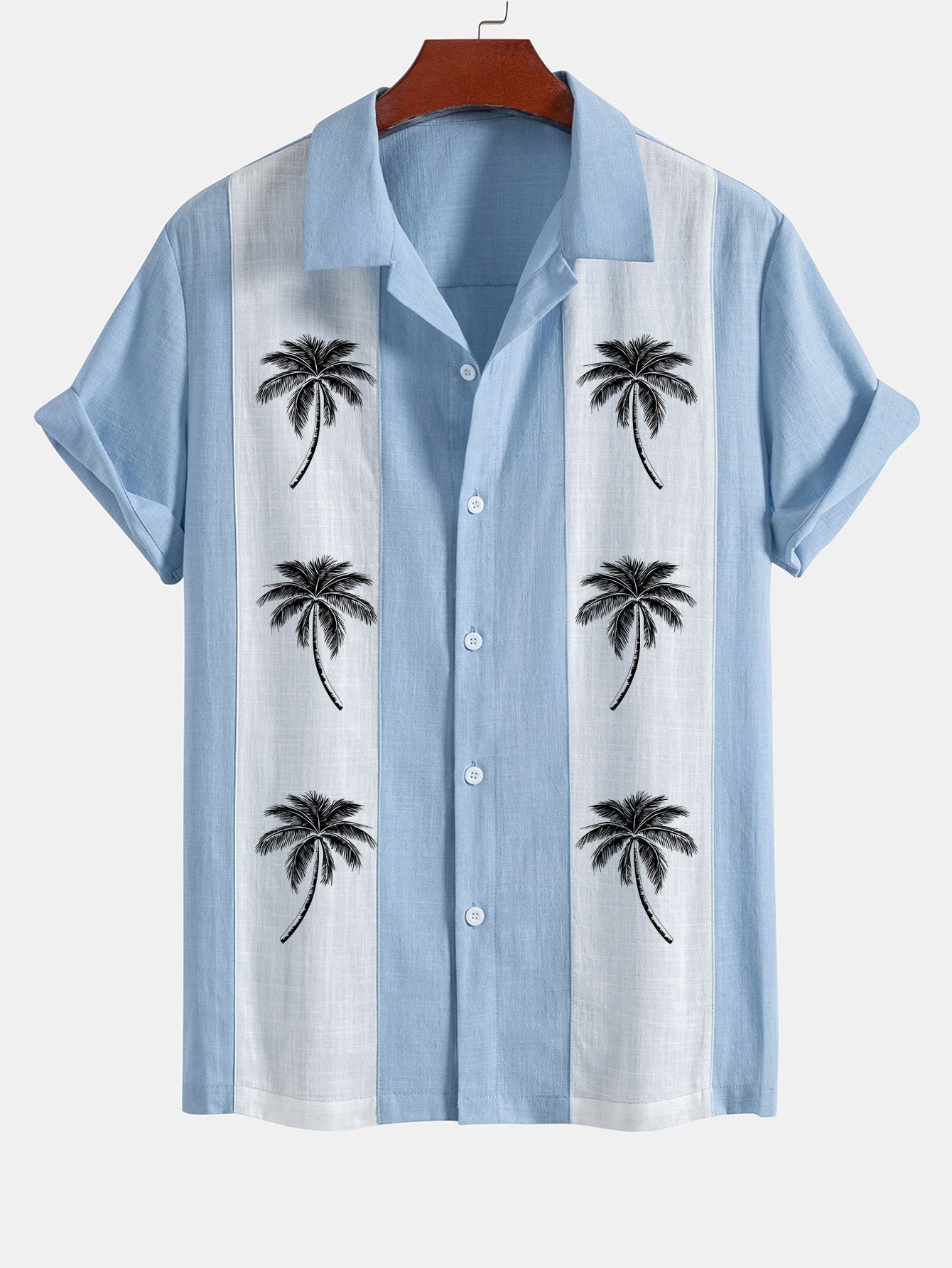 Alfon® | Palm Tree Print Linen Look Patchwork Bowling Shirt