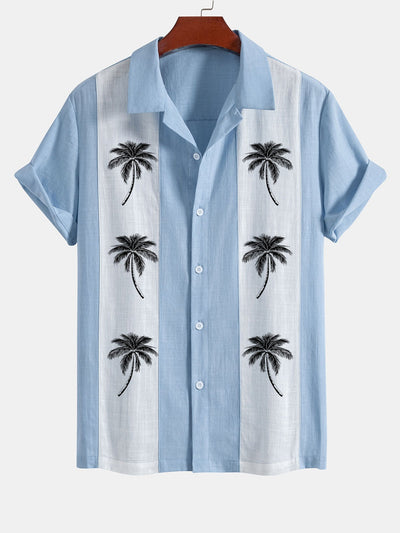 Alfon® | Palm Tree Print Linen Look Patchwork Bowling Shirt