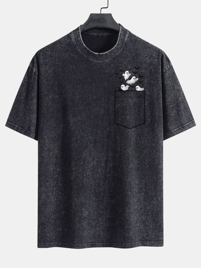 Bardo® | Pocket Bat Ghost Print Washed Distressed Drop Shoulder T-Shirt