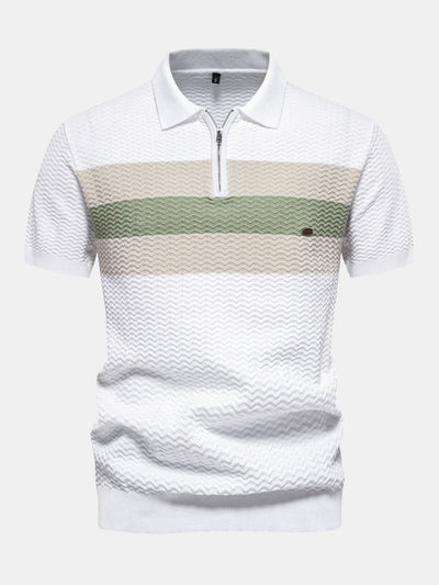 Cameron | Contrast Textured Jacquard Knit Zip Up Polo Shirt