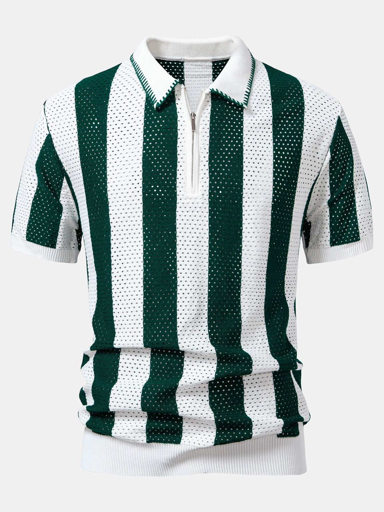 Dylan | Striped Eyelet Knit Zip Up Polo Shirt