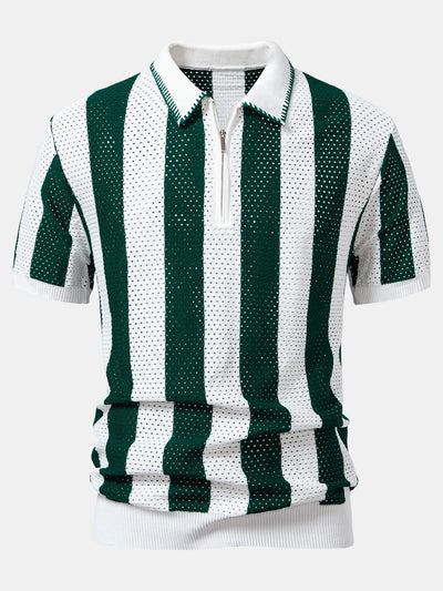 Dylan | Striped Eyelet Knit Zip Up Polo Shirt