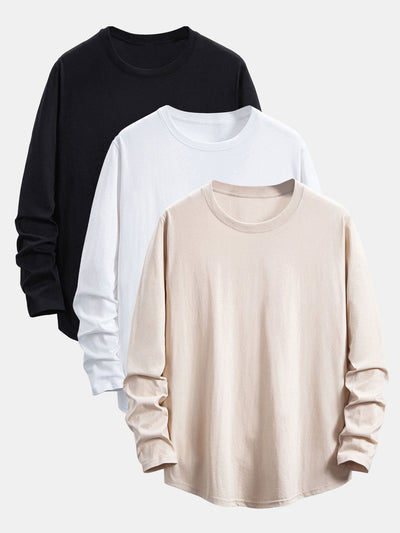 Adamo® | 3 Pieces Basic Long Sleeve Cotton Arc Hem T-Shirts
