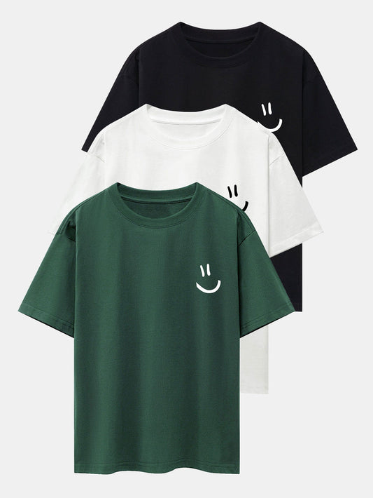 Adney® | 3 Pieces Smiley Face Print Drop Shoulder Oversize T-Shirts