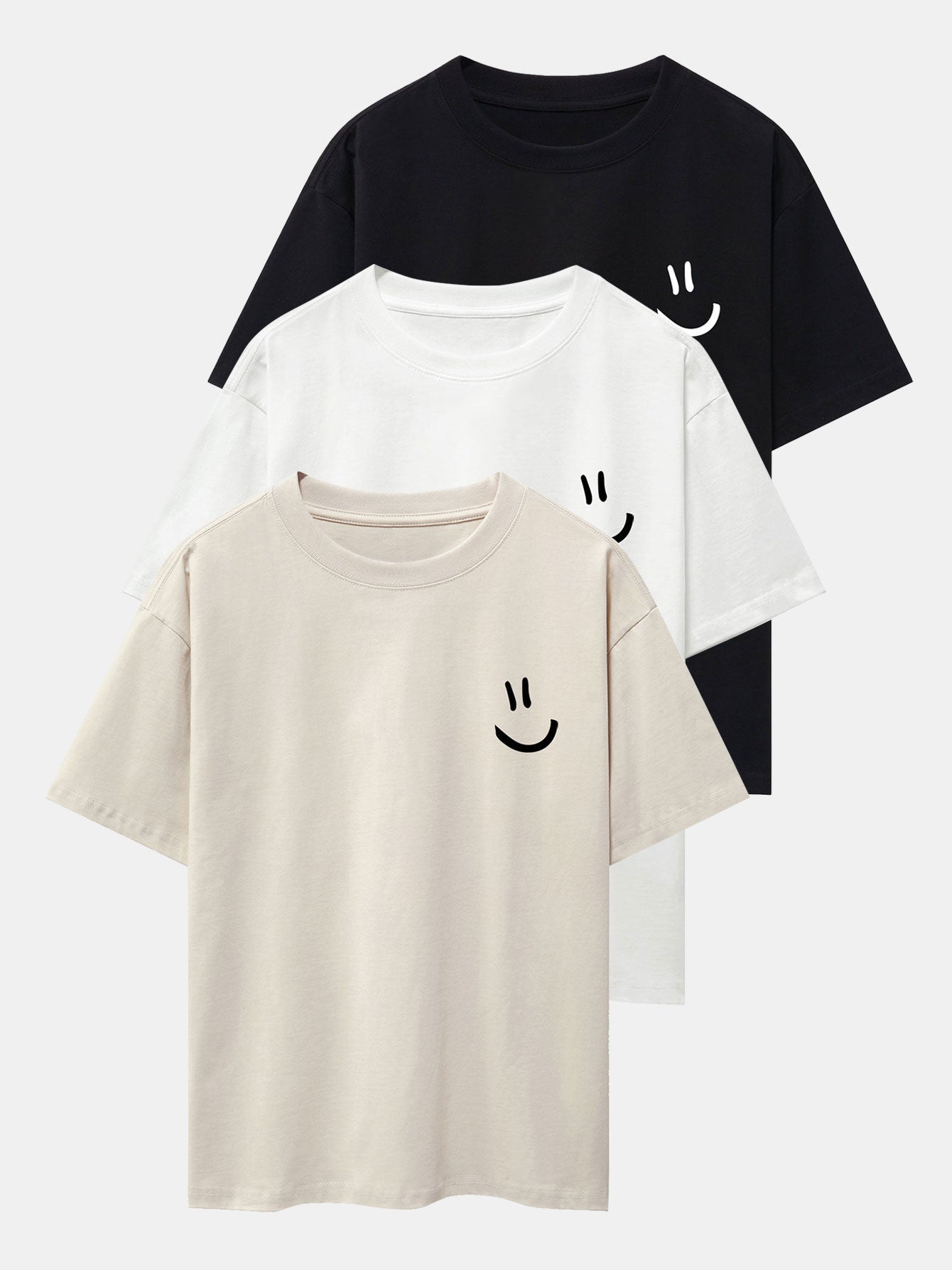 Adney® | 3 Pieces Smiley Face Print Drop Shoulder Oversize T-Shirts