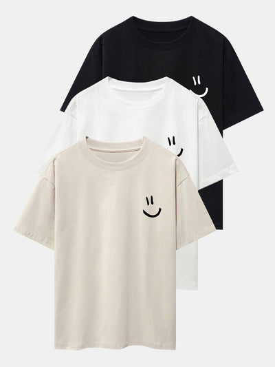 Adney® | 3 Pieces Smiley Face Print Drop Shoulder Oversize T-Shirts