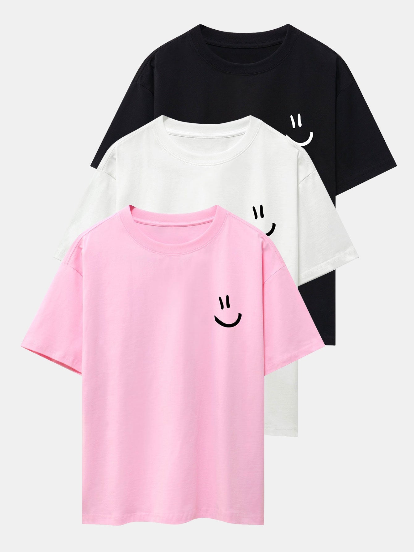Adney® | 3 Pieces Smiley Face Print Drop Shoulder Oversize T-Shirts