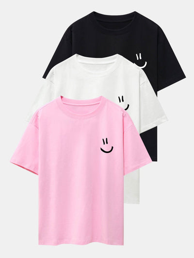 Adney® | 3 Pieces Smiley Face Print Drop Shoulder Oversize T-Shirts