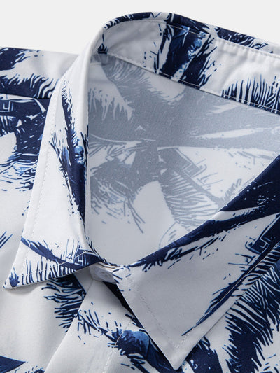 Evaristo® | Palm Tree Print Button Up Shirt & Man Mid Length Drawstring Swim Shorts