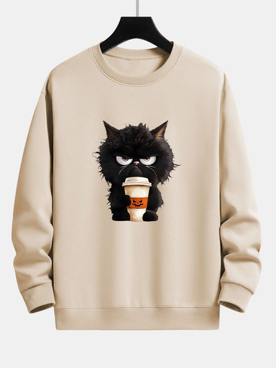 Camilo® | Black Cat Halloween Coffee Print Relax Fit Sweatshirt